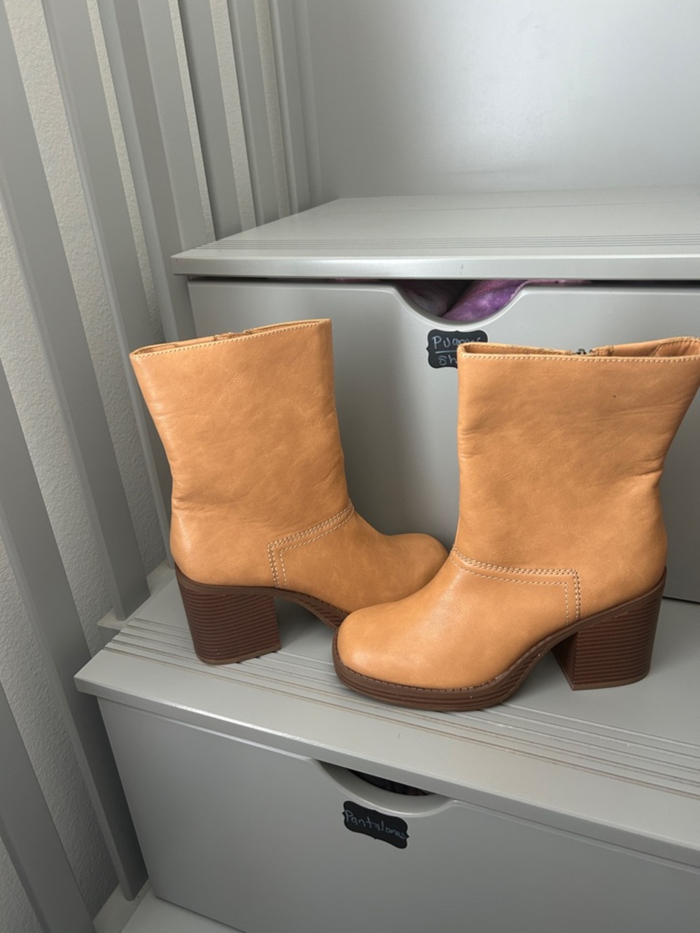 Sun + Stone Tan Leather Mid-Calf Block Heel Boots
